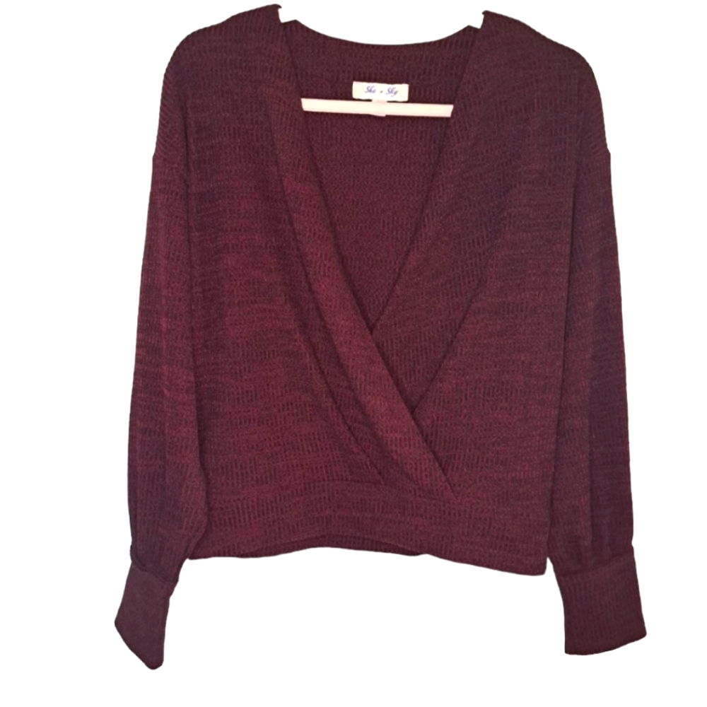 She & Sky Burgundy V Neck Faux Wrap Style Sweater Size Large